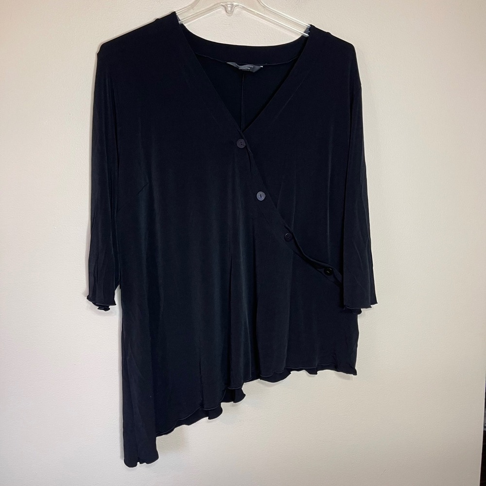 David Dart Collection Womens 1X Black Asymmetrical‎ Button Front 3/4 Sleeve Top